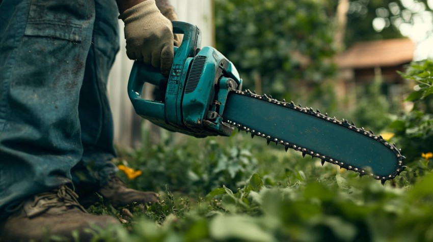 Sommelier Examining Chainsaw in Green Backyard Scene