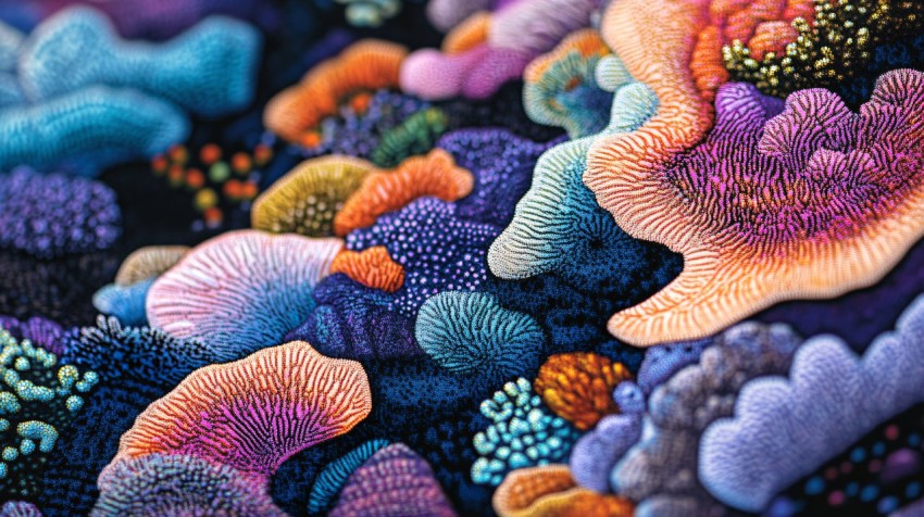 Colorful Bioluminescent Coral Patterns Close-Up Illustration