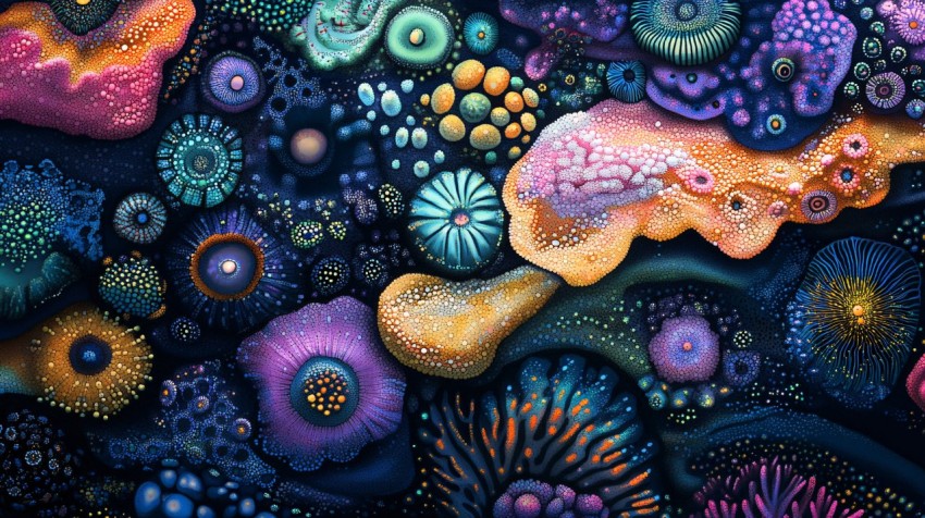 Bioluminescent Coral Patterns Close-Up Underwater Scene