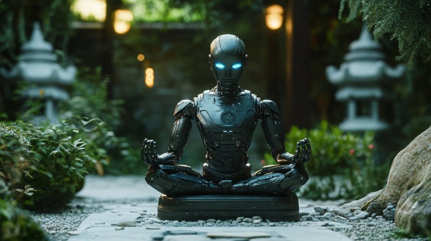 Futuristic Robot Meditating in a Temple Garden