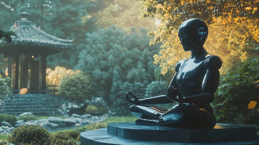 Futuristic Robot Meditating in Temple Garden