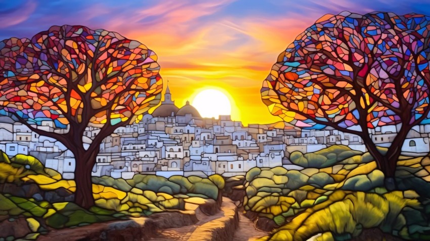 Stained Glass Landscape with Colorful Mountain View