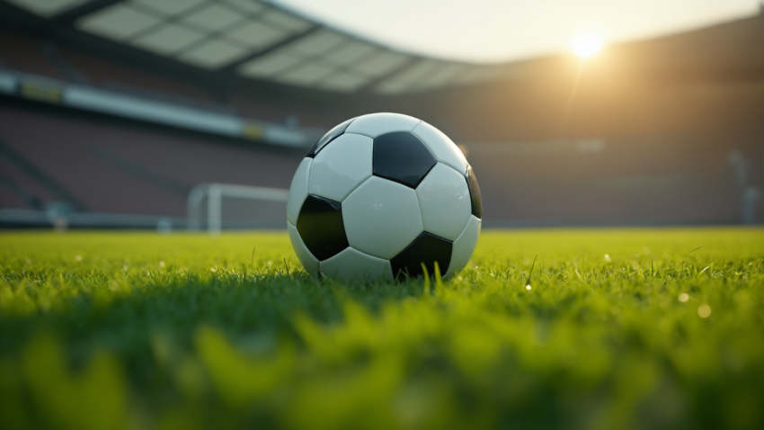 Soccer Ball on Green Field at Sunset