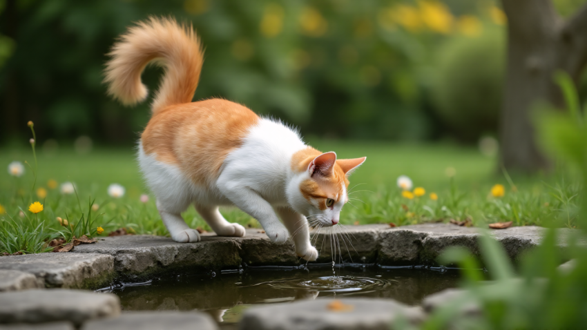 Curious Cat Playing by a Garden Pond