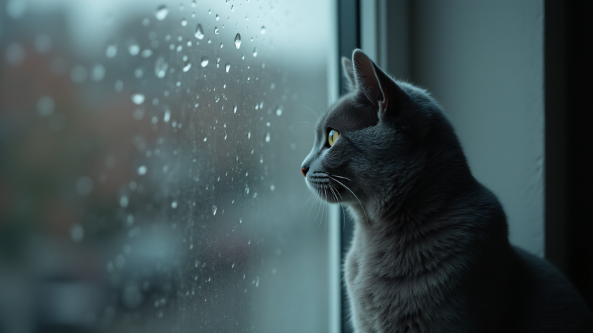 Grey Cat Gazing Out of a Rainy Window