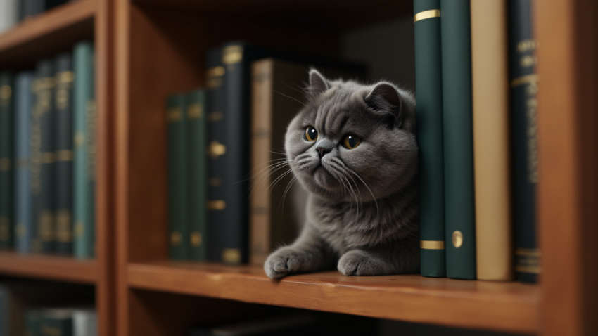 Grey Cat Nestled on a Bookshelf Between Classic Books