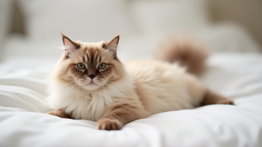 Fluffy Cat Relaxing on a White Bed