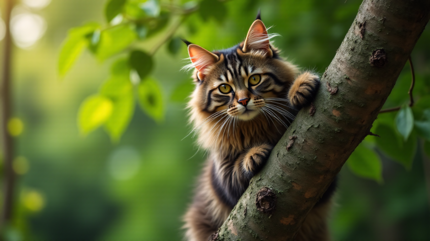 Majestic Cat Climbing a Tree in the Forest