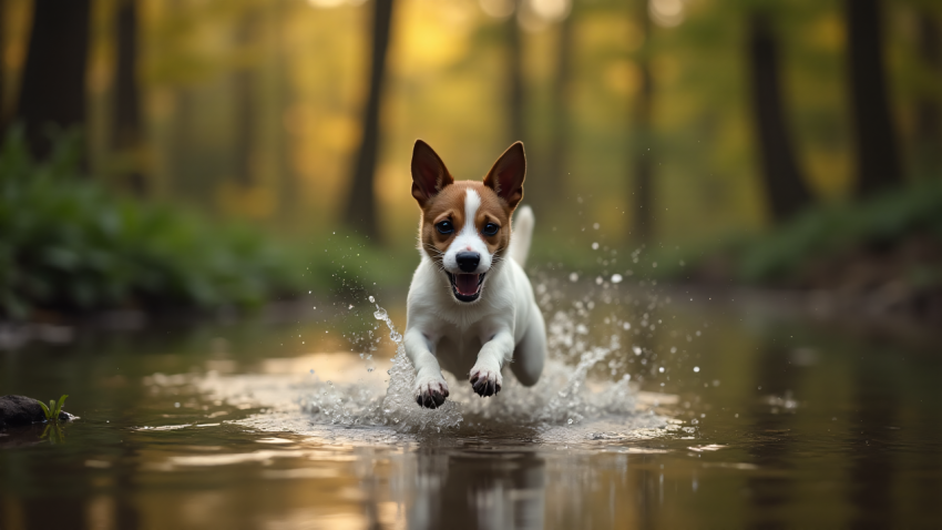 Excited Dog Running Through Water in Forest Stream