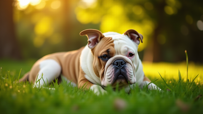 English Bulldog Relaxing on Green Grass in Sunlit Park