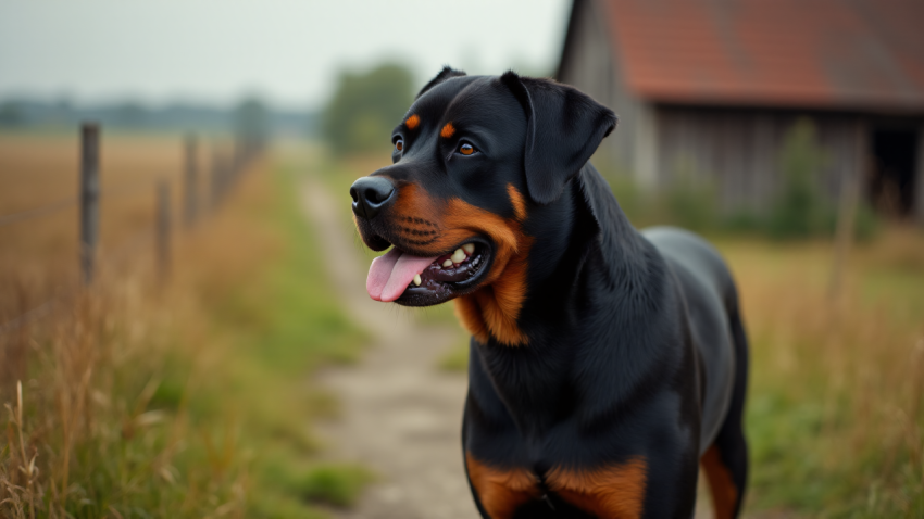 Rottweiler Dog Standing in Countryside Path