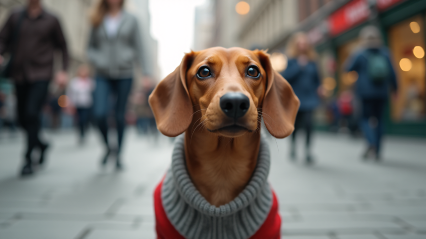 Adorable Dachshund Wearing a Sweater in a Busy City Street