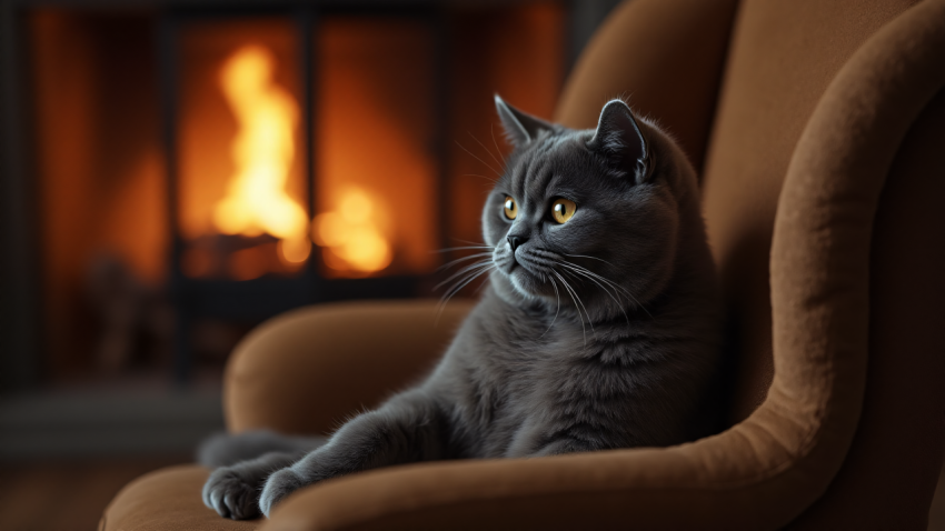 Grey Cat Relaxing by the Fireplace on a Cozy Armchair