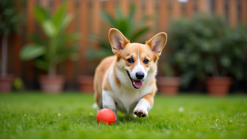 Happy Corgi Playing with a Red Ball in the Backyard