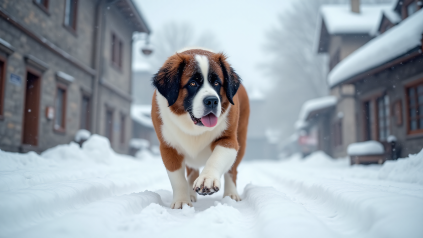 Saint Bernard Dog Walking on a Snowy Street in a Winter Village