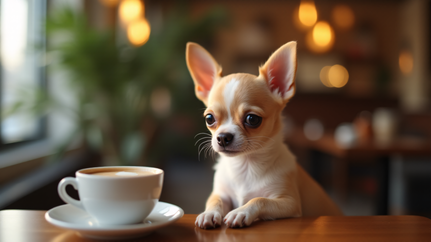 Adorable Chihuahua Sitting by a Cup of Coffee in a Cozy Café