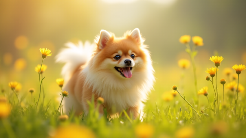 Happy Pomeranian Dog in a Sunny Flower Field