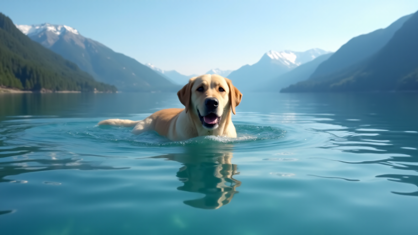 Labrador Swimming in a Mountain Lake