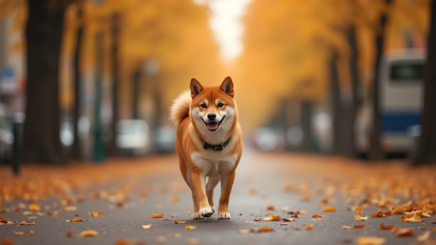 Shiba Inu Walking on an Autumn Street