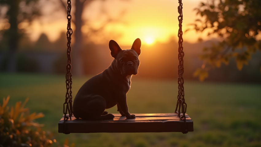 French Bulldog Sitting on a Swing at Sunset