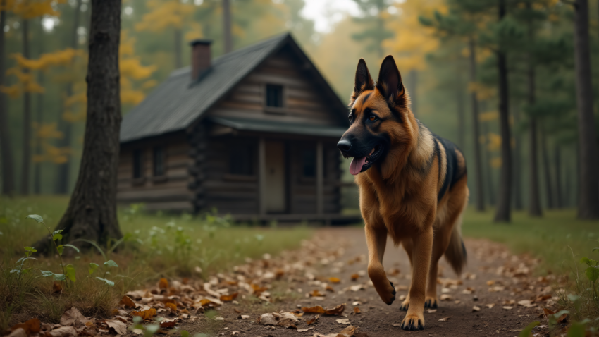 German Shepherd Walking Near a Cabin in the Woods