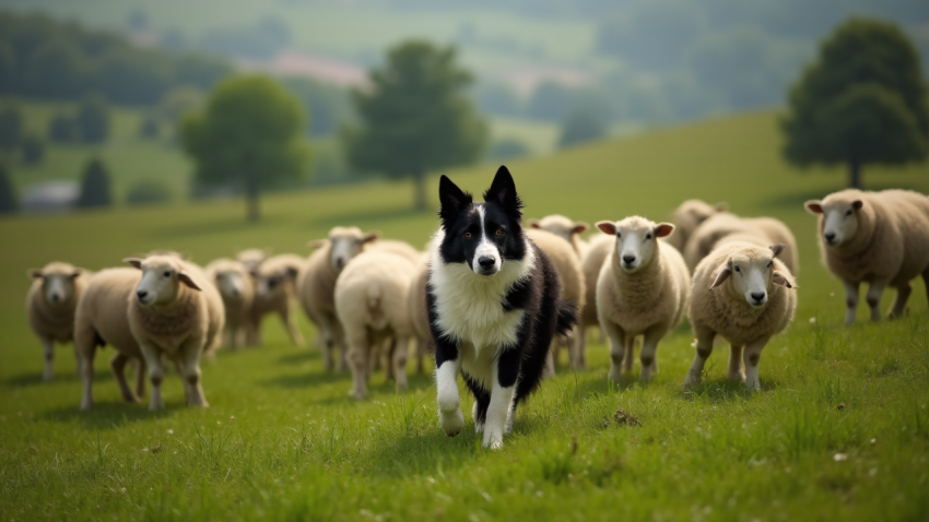 Border Collie Herding Flock of Sheep in Green Pasture