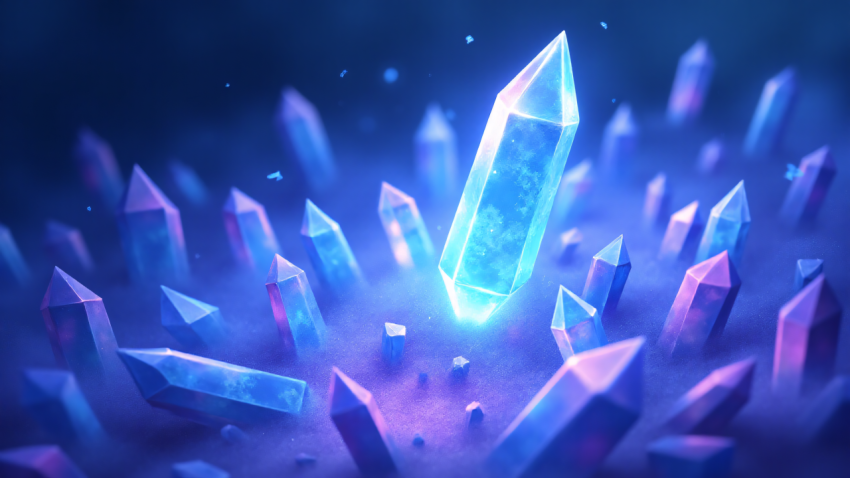 Glowing Blue and Purple Crystals in a Misty Environment