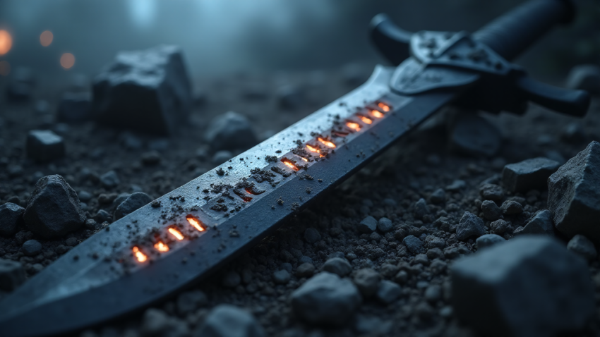 Close-up of a Glowing Sword Lying on Rocky Ground