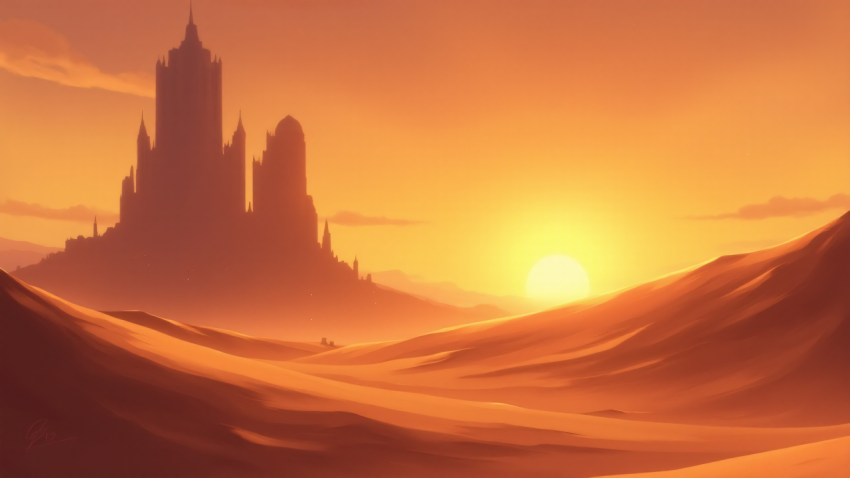 Castle Silhouette at Sunset in a Desert Landscape