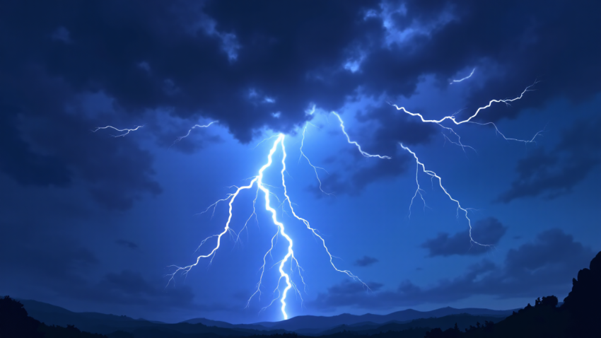 Powerful Lightning Strike in Stormy Night Sky Over Forest