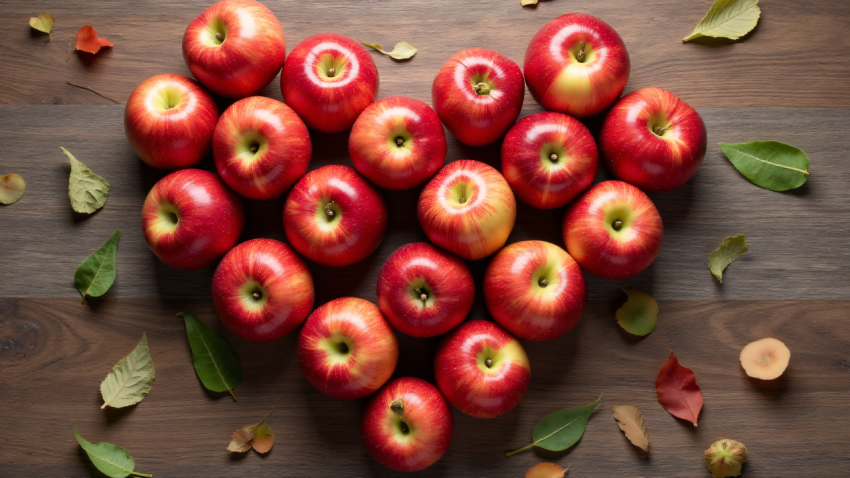 Fresh Red Apples Arranged on Wooden Surface with Autumn Leaves