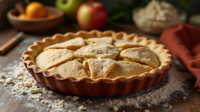 Homemade Apple Pie with a Golden Crust in a Ceramic Dish