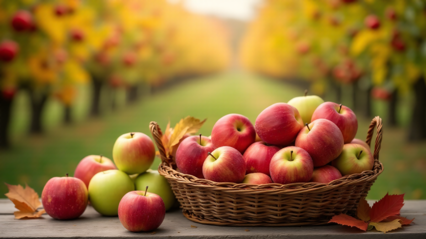 Basket of Red and Green Apples in an Autumn Orchard