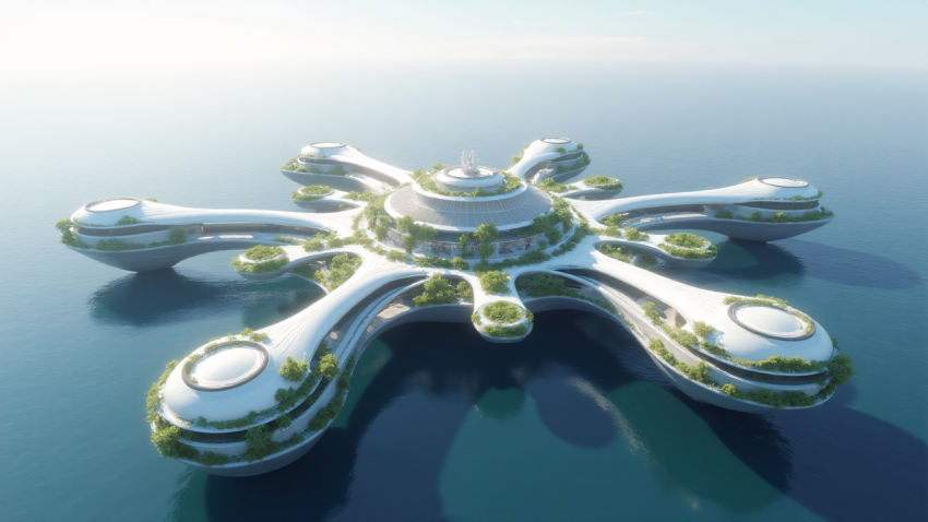 Futuristic Floating Island Architecture on Ocean Surface