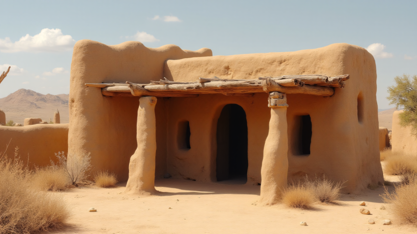 Traditional Adobe House in Desert Landscape