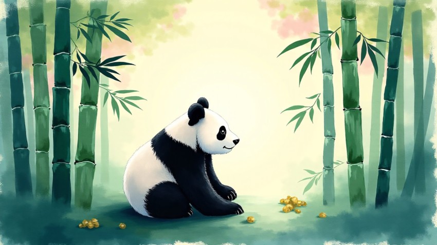 Panda in Serene Bamboo Forest Ink Painting