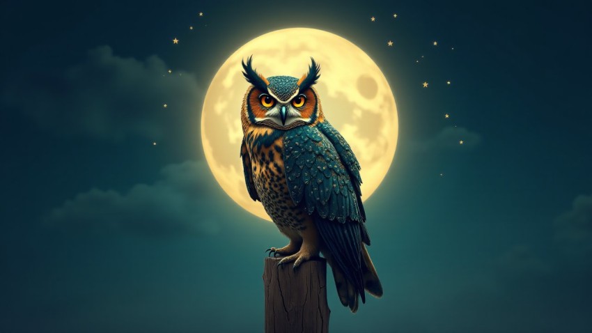 Owl Full Moon Painting