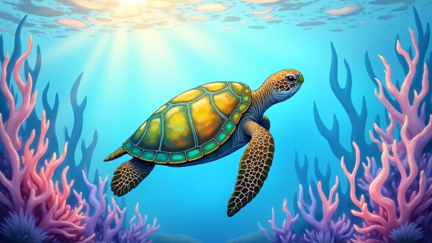 Sea Turtle in Mystical Underwater Scene