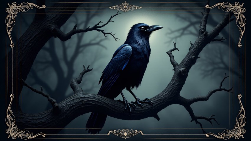 Victorian Gothic Raven on Gnarled Branch Illustration