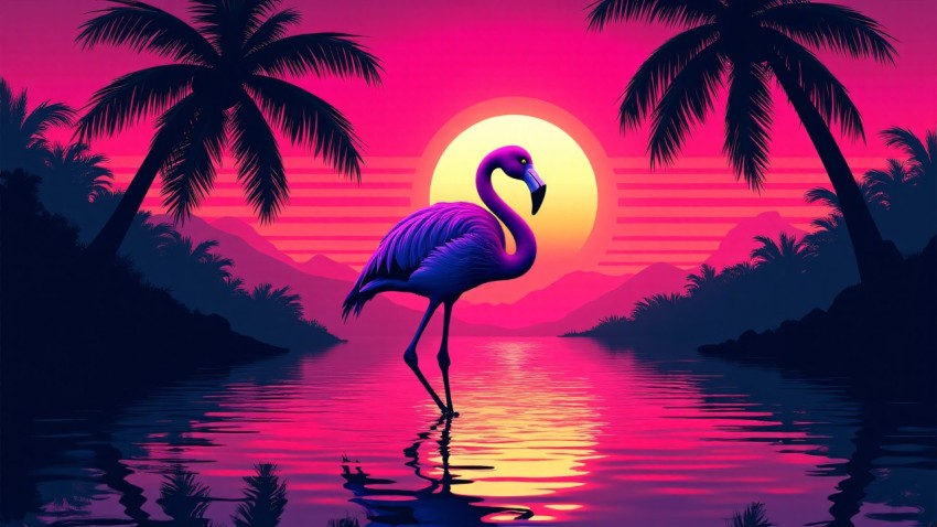 Synthwave Flamingo in Neon Sunset Lagoon