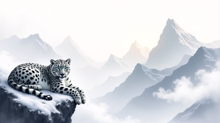 Snow Leopard on Mountain Ledge Ink Art