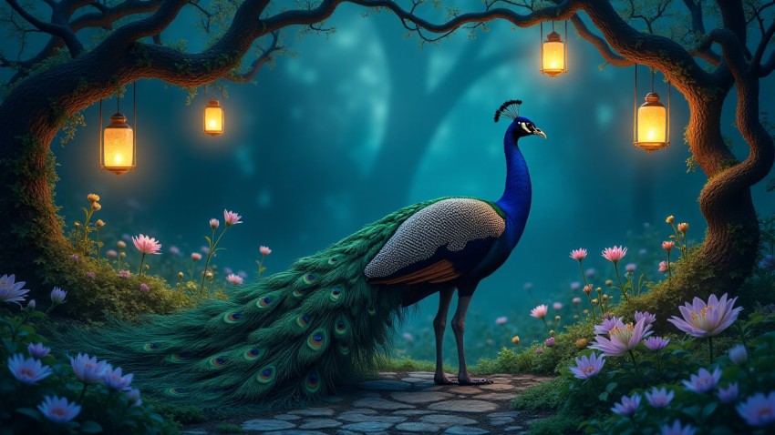 Art Nouveau Peacock in Moonlit Enchanted Garden