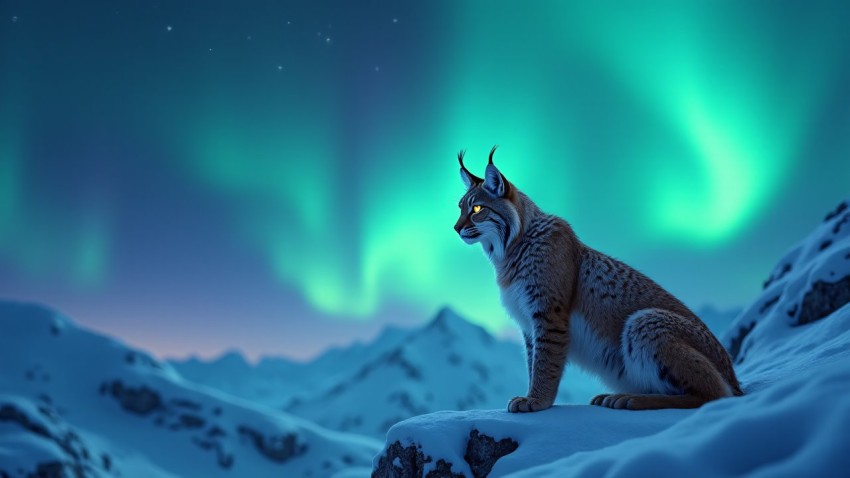 Lynx on Snowy Cliffside Under Northern Lights