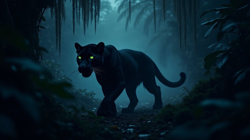 Black Panther in Misty Rainforest at Twilight