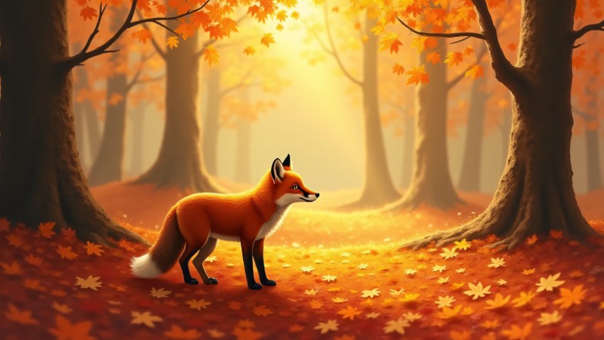 Dreamy Red Fox in Autumn Forest Painting