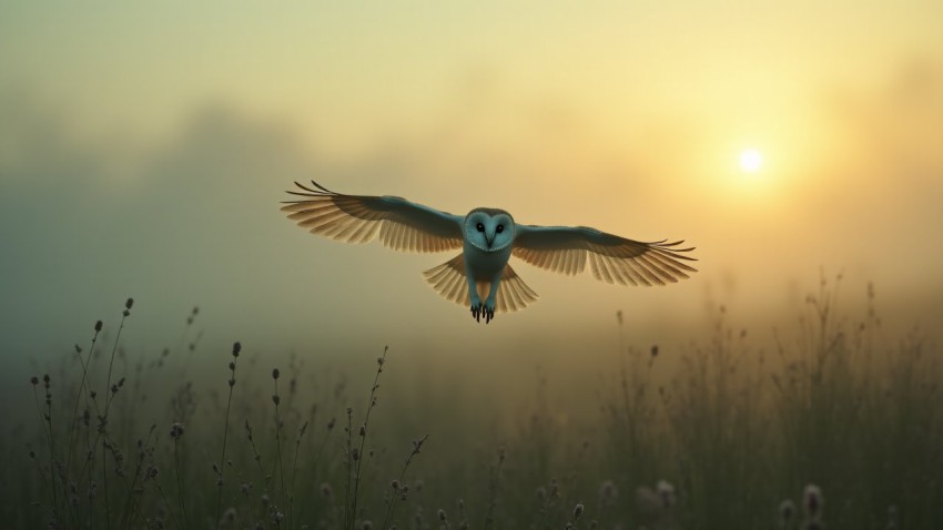 Barn Owl Hovering Over Misty Field at Dawn