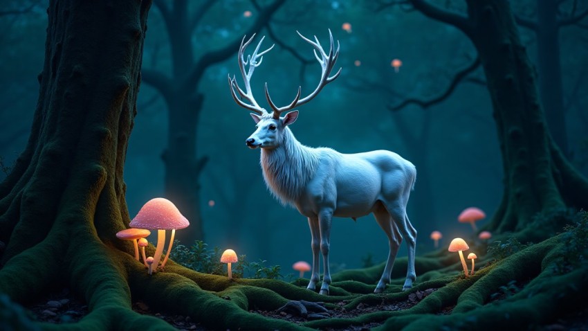 Enchanted White Stag in Bioluminescent Forest