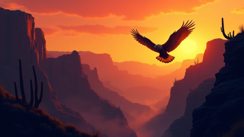 Golden Eagle Soaring Over Canyon at Sunset