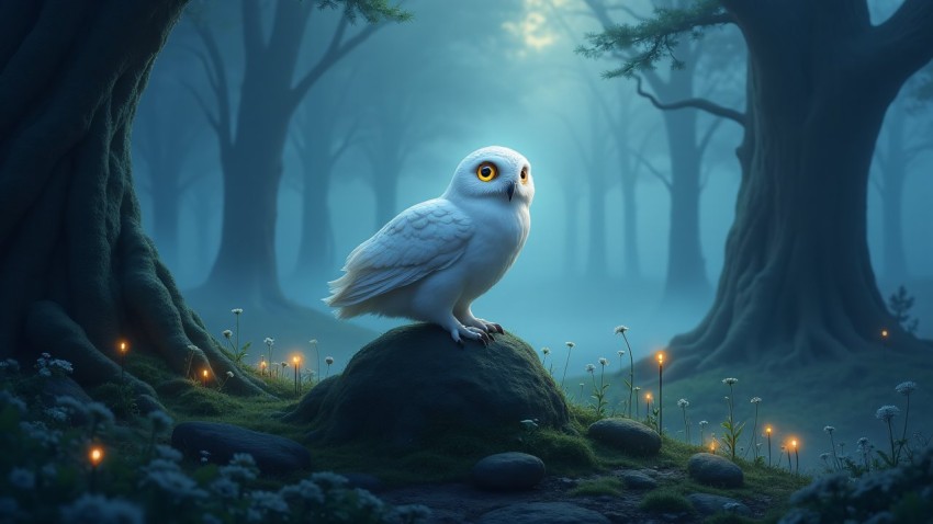 Mystical White Owl in Enchanted Twilight Forest