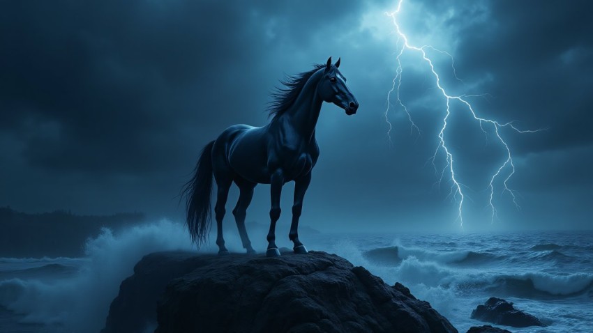 Black Stallion on Cliff in Stormy Night